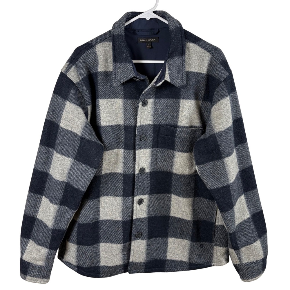 Banana Republic Shirt Jacket Men's L Blue Gray Buffalo Plaid Workwear Shacket